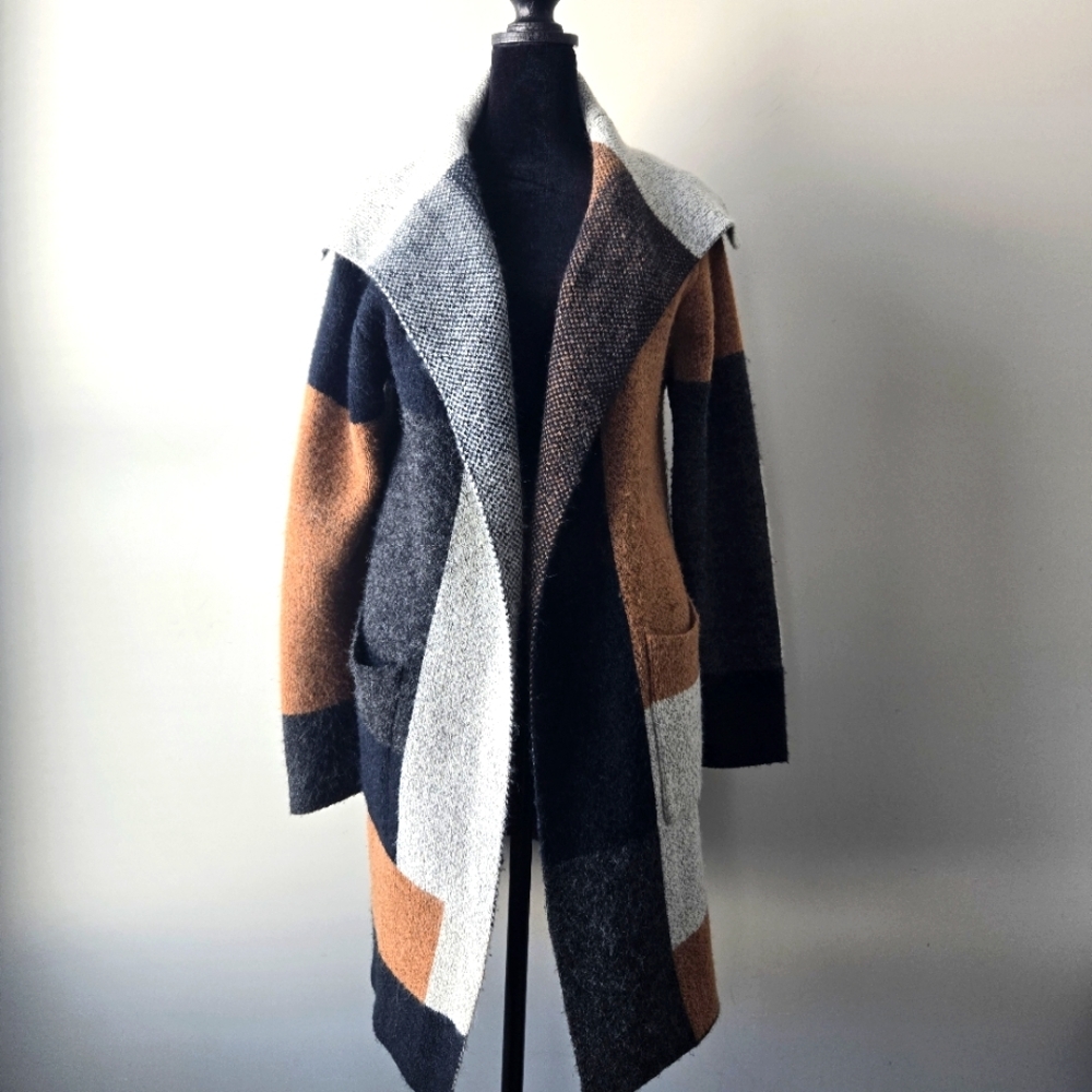 Max Studio Colorblock Open Front Cardigan - Black, Gray, Brown, Cream